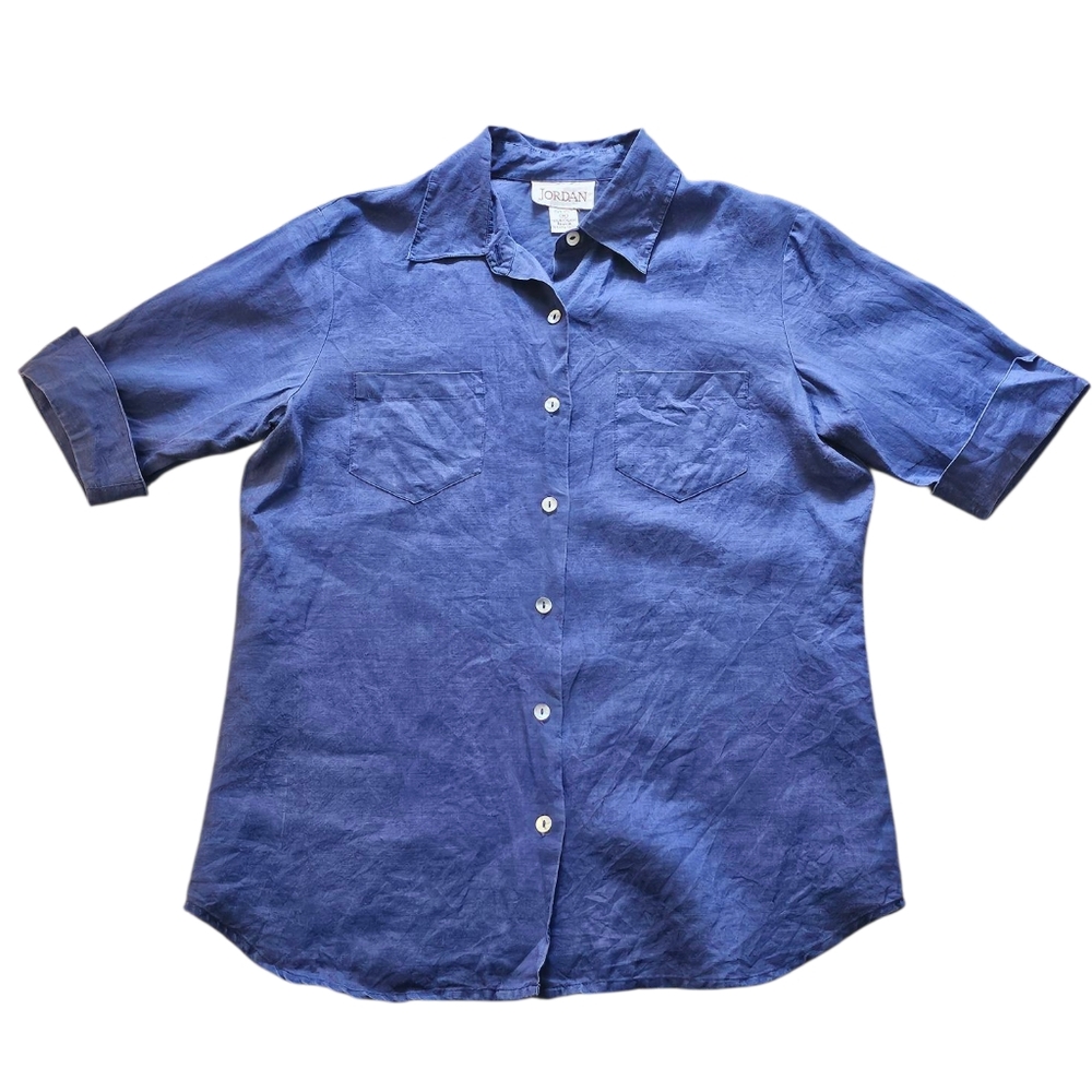 Vintage 100% Linen Short Sleeve Shirt Women's Size M Blue Button Down Breathable - Picture 2 of 13